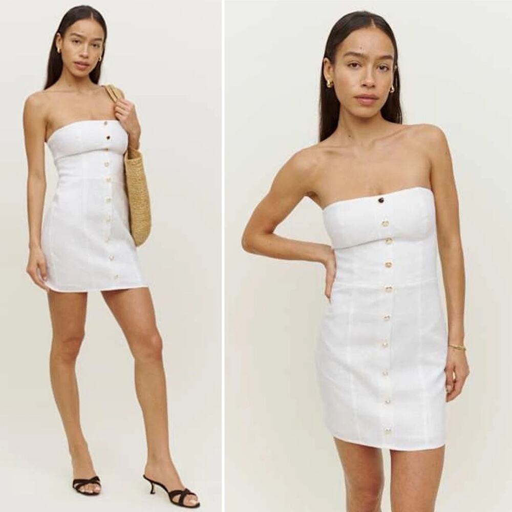 REFORMATION Shiela Linen Dress White Strapless Sheath Mini Gold Button Sz 8 NEW